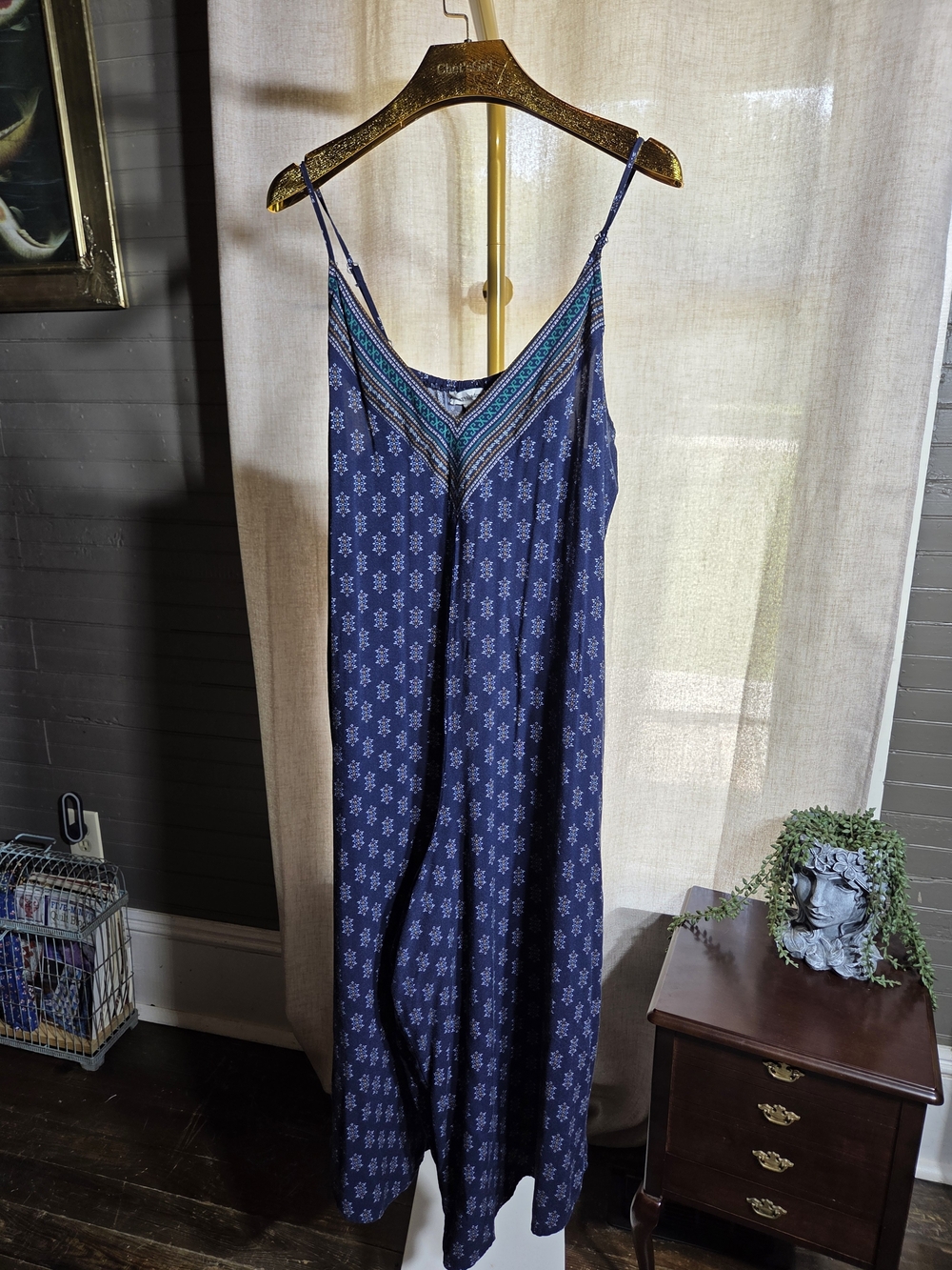 Eyeshadow Navy Blue Printed Jumpsuit with Teal Accent